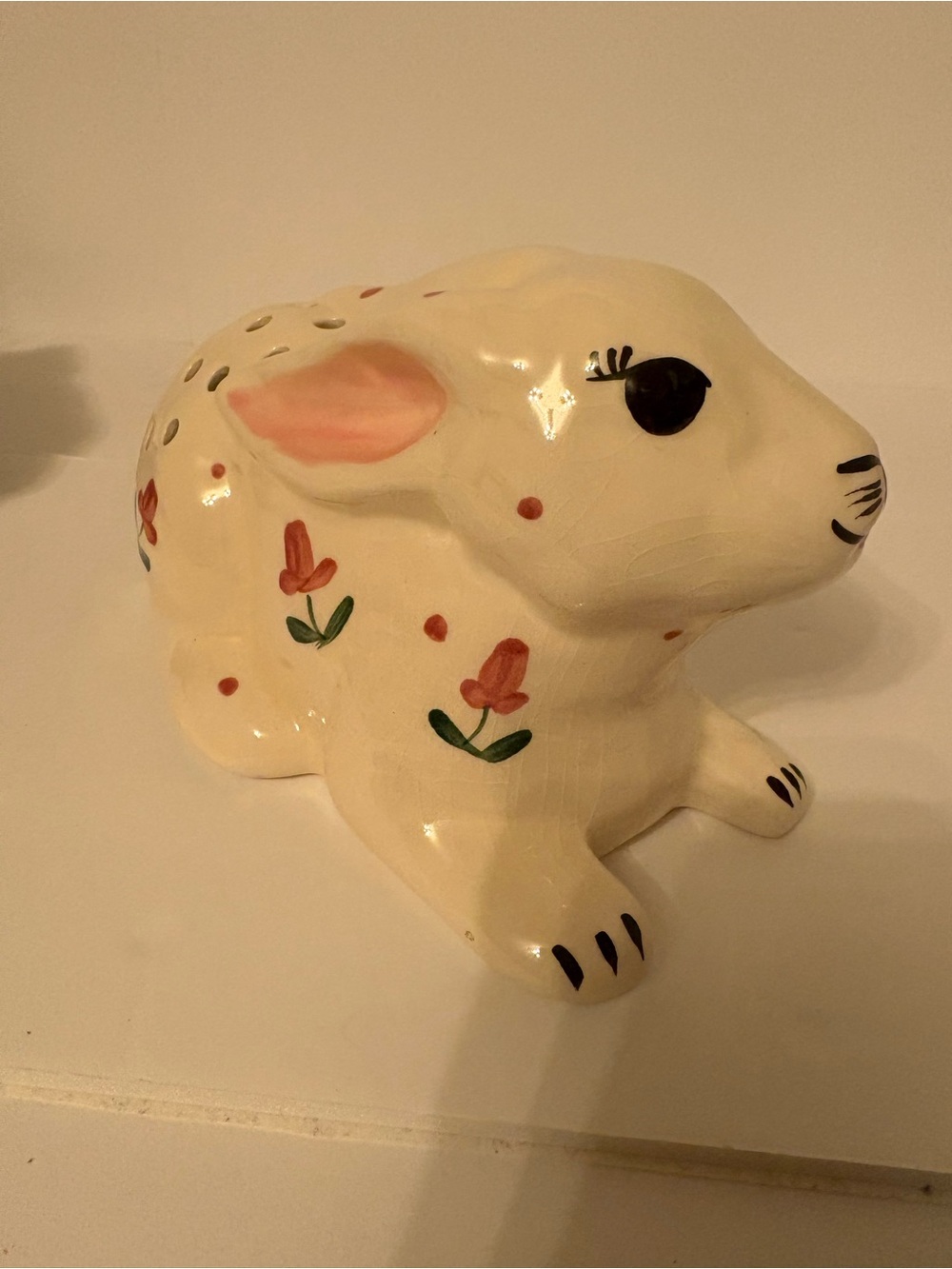 Hand-Painted Cream Ceramic Bunny Figurine with Pink Floral Accents for potpourri